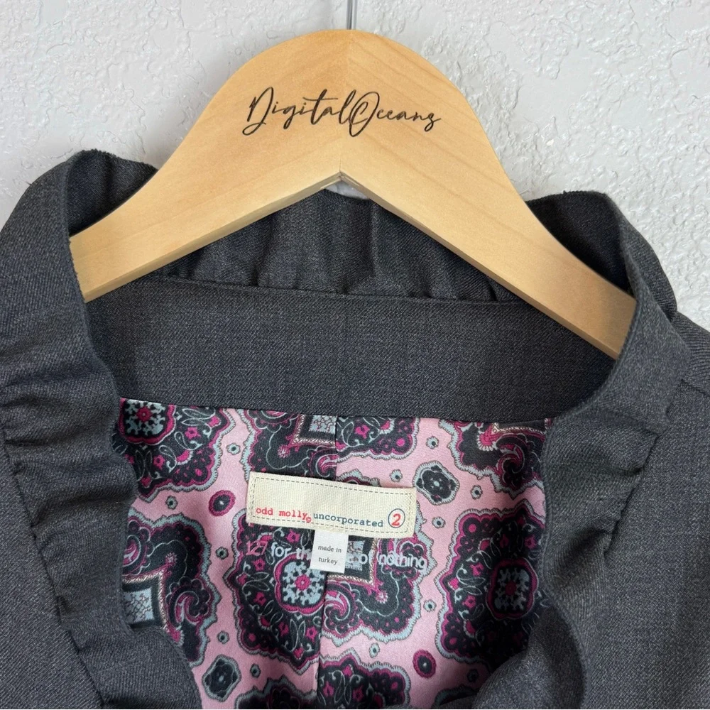Odd Molly (Anthropologie) Ruffled Blazer M Whimsical Coquette Feminine Lace Gray